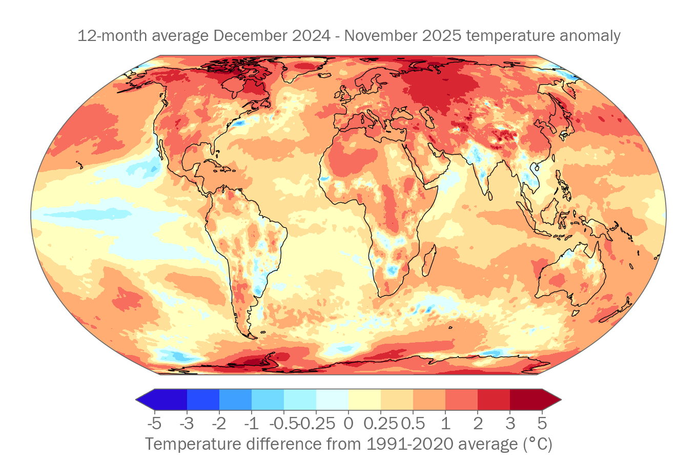 Monthly Near surface temperature anomaly (&deg;C, difference from the 1991-2020 average)  for 2024. Data shown are the median of the following one data sets: ERA5.