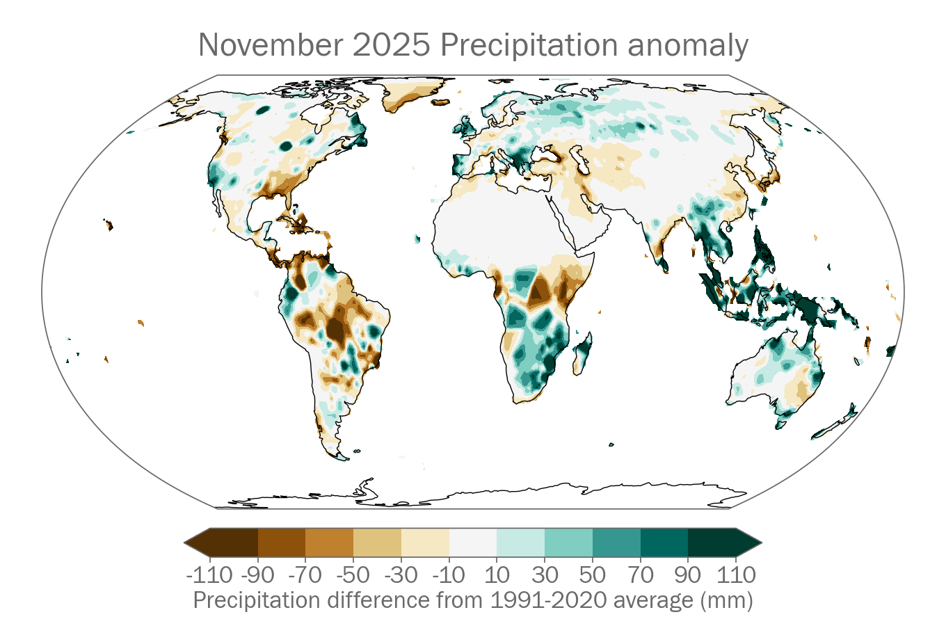 Monthly Precipitation anomaly (mm, difference from the 1991-2020 average)  for 2024. Data shown are the median of the following one data sets: GPCC. White areas indicate where there were too few data to reliably estimate the percentiles.